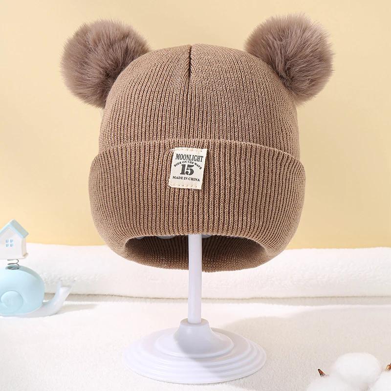 Automne hiver bébé chaud tricoté chapeaux avec Pom enfants tricot bonnet chapeau couleur unie enfant