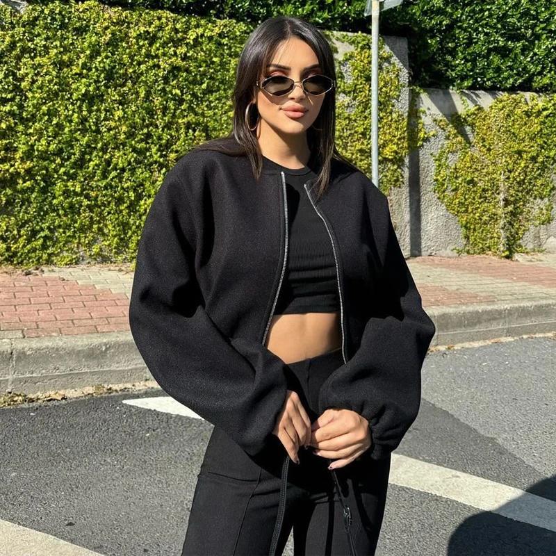 MUJER noir Bomber vestes pour femmes fermeture éclair varsity vestes femmes doux recadrée vestes fem