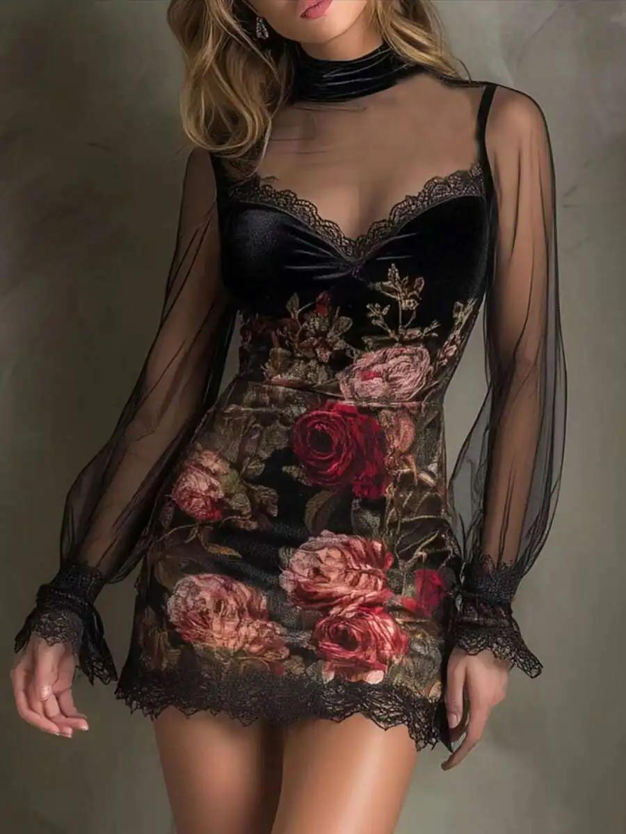 Robe courte sexy en dentelle et tissu transparent à col halter