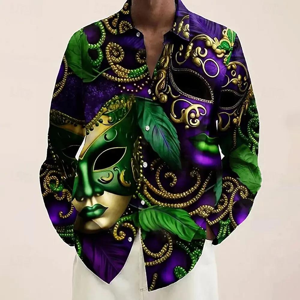 Mardi Gras hommes masque carnaval perles chemise boutonnée chemise à manches longues mode décontract