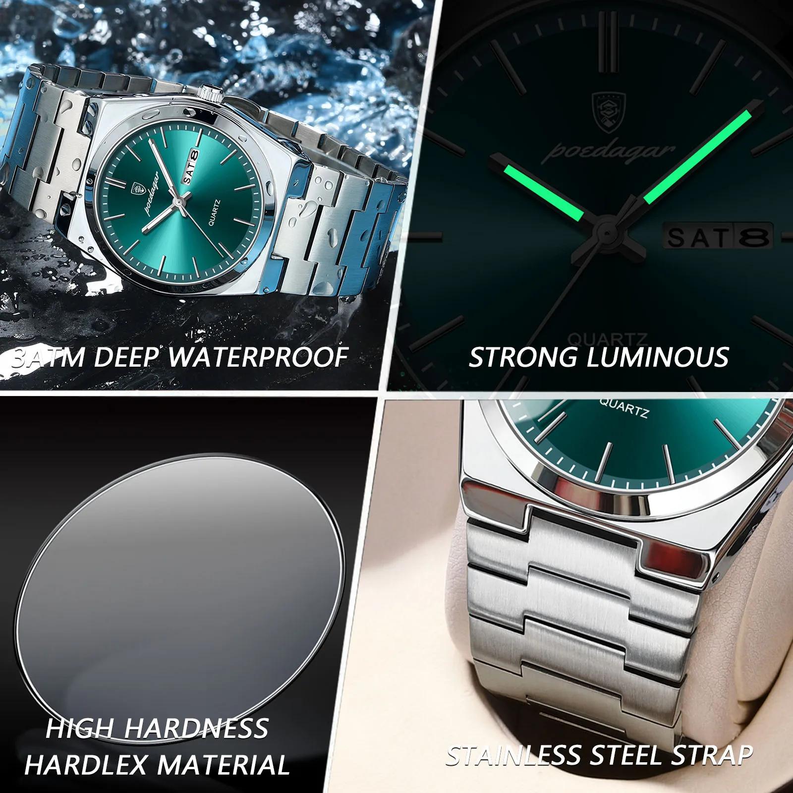 POEDAGAR montres pour hommes de luxe étanche lumineux Date semaine hommes montre en acier inoxydable