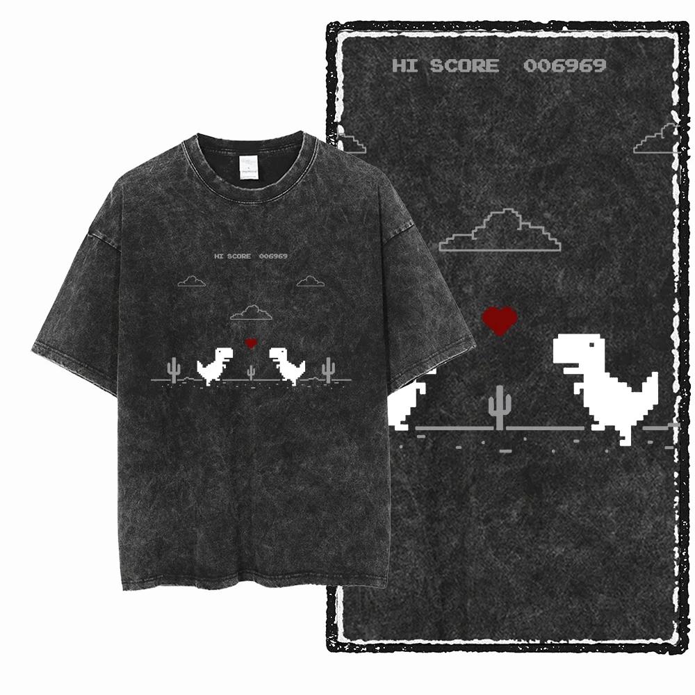 ZH DINO GAME THEME imprimé coton lavé à l'acide graphique exclusif unisexe t-shirt Cool Streetwear h