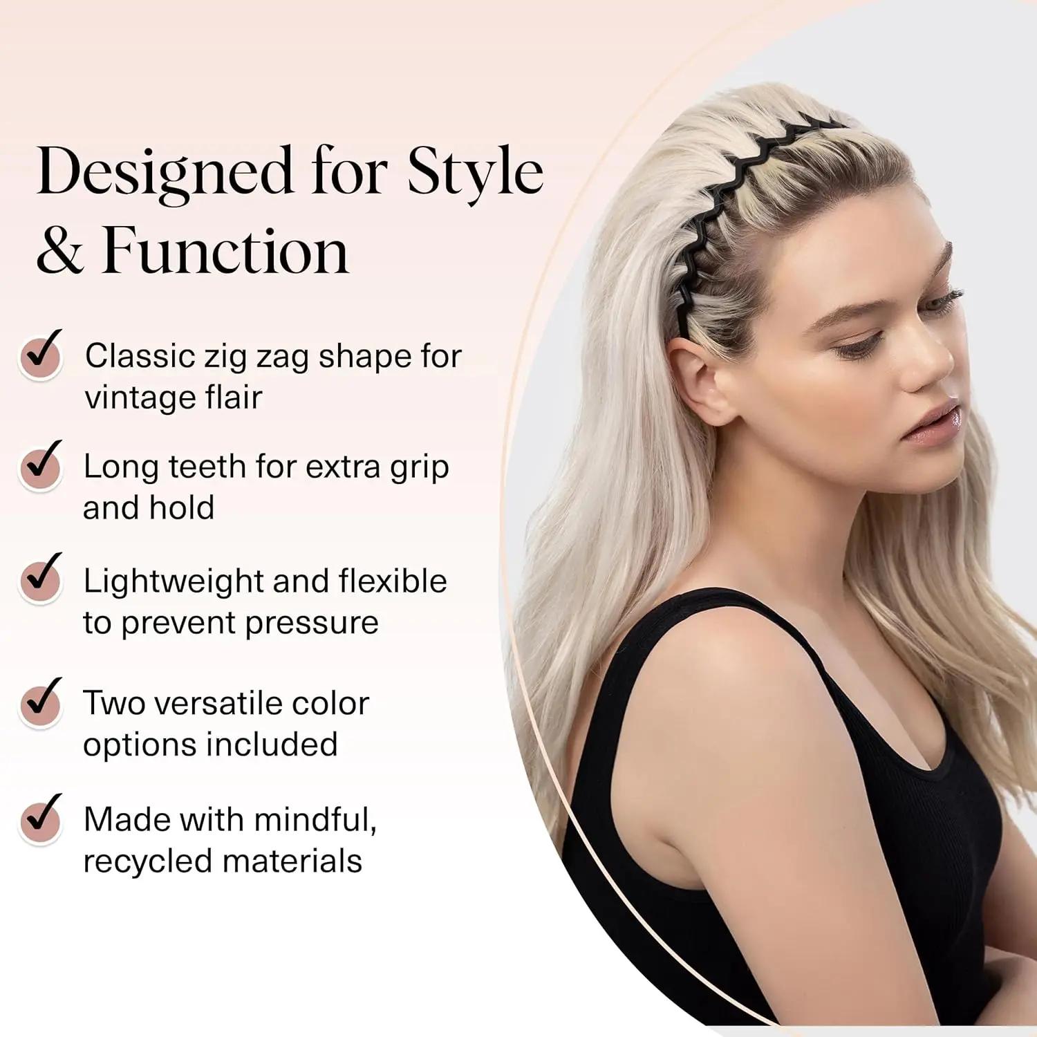 Kitsch Zig Zag Lot de 2 bandeaux antidérapants au design ondulé - Accessoires pour cheveux en plasti