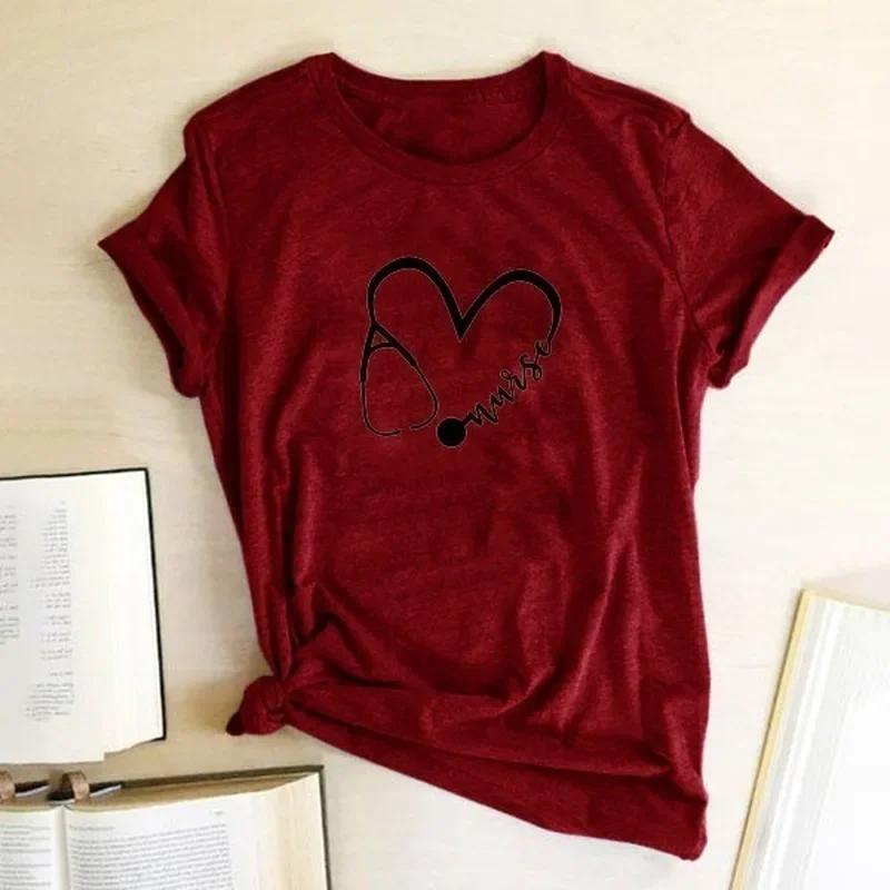 T-shirt col rond femme, estival et à manches courtes, avec stéthoscope et cœur imprimé
