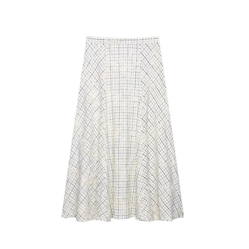 TFAFXY 2026 Ensemble d'été pour femme : Blouse brodée à carreaux avec nœud et jupe longue midi coupe