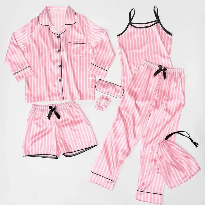 Ensemble pyjama rayé en soie pour enfants, 7 pièces, vêtements de maison, tenue de nuit confortable 