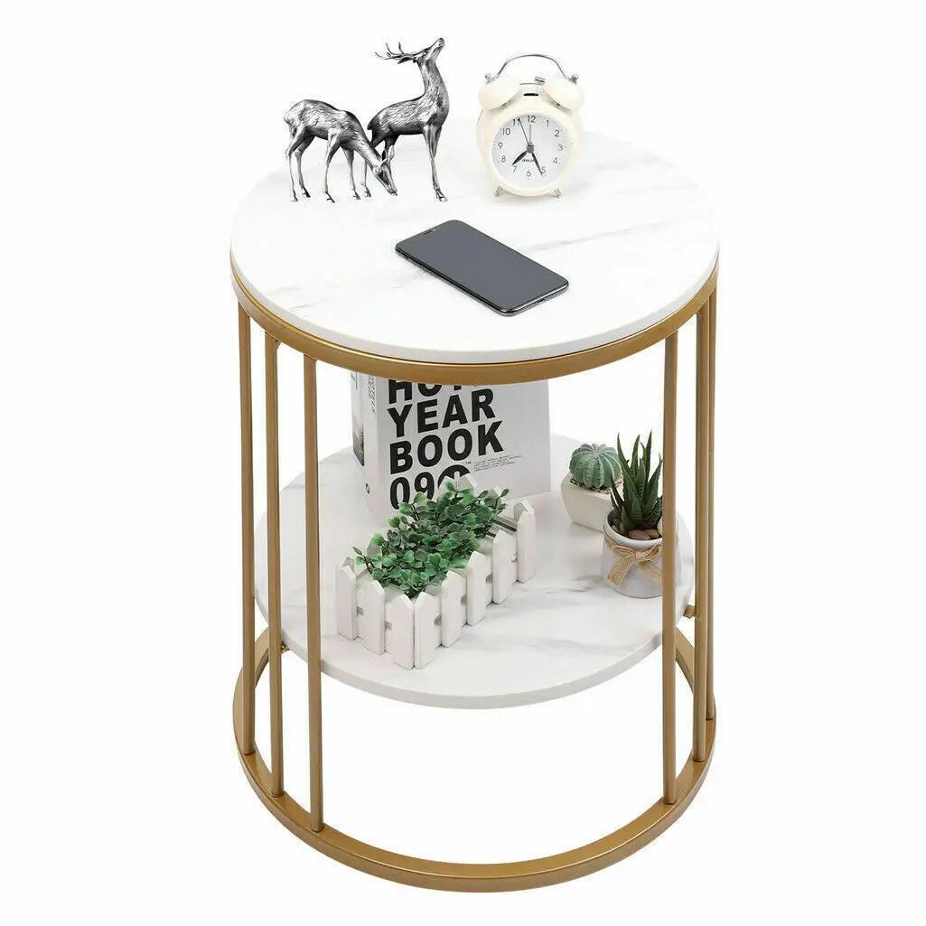 Table d'appoint ronde en marbre blanc à 2 niveaux, table basse, table de chevet, rangement de bijoux