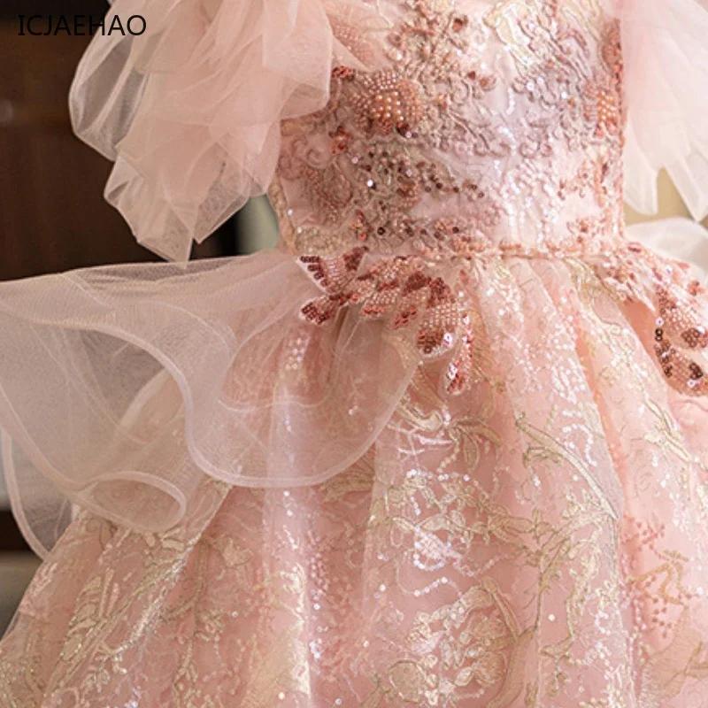 Robe de Fille ICJAEHAO 2026, Style Tutu Rose, pour Spectacle de Piano, Fête, Vêtements Élégants, Cos