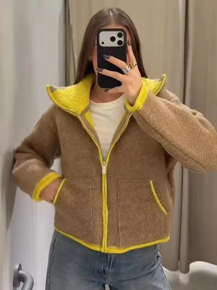 Veste décontractée automne 2026 pour femme, design contrasté, manches longues, fermeture éclair, sty