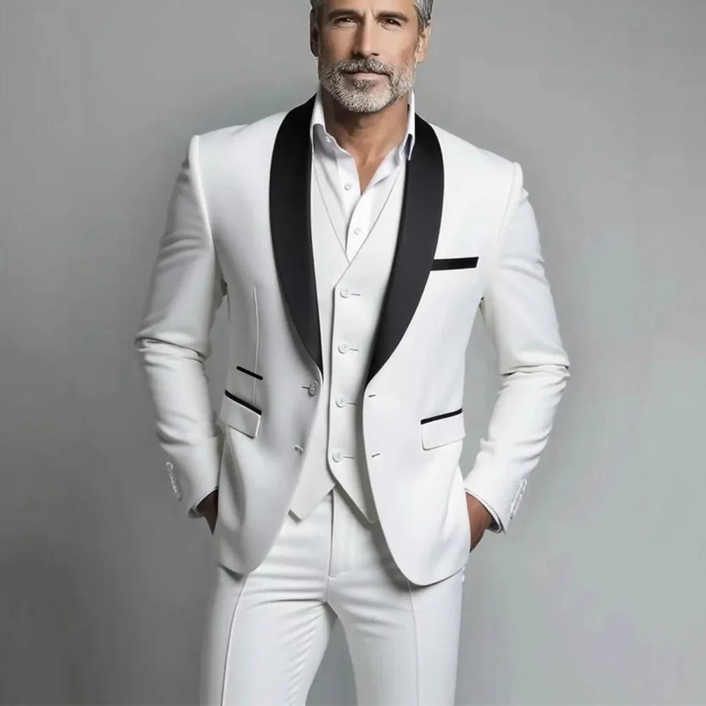 Ensemble trois pièces pour hommes, noir et blanc, pour fête de mariage, grande taille, Blazer, mante
