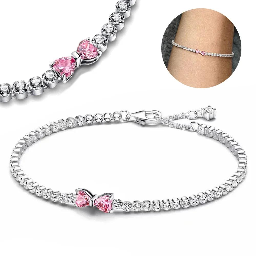 2025 Valentine nouveau 925 argent rose arc plein diamant Bracelet Original 17-20CM ajustement bricol