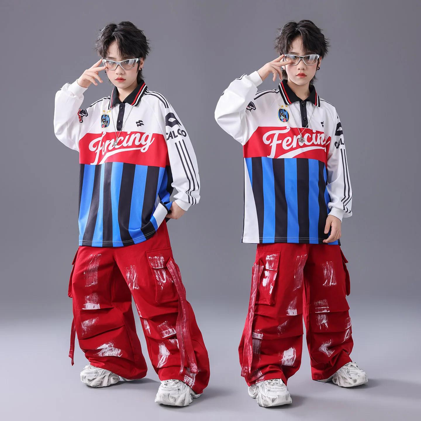 Ensemble hip-hop K-pop pour fille - T-shirt rayures patchwork et pantalon cargo danse streetwear