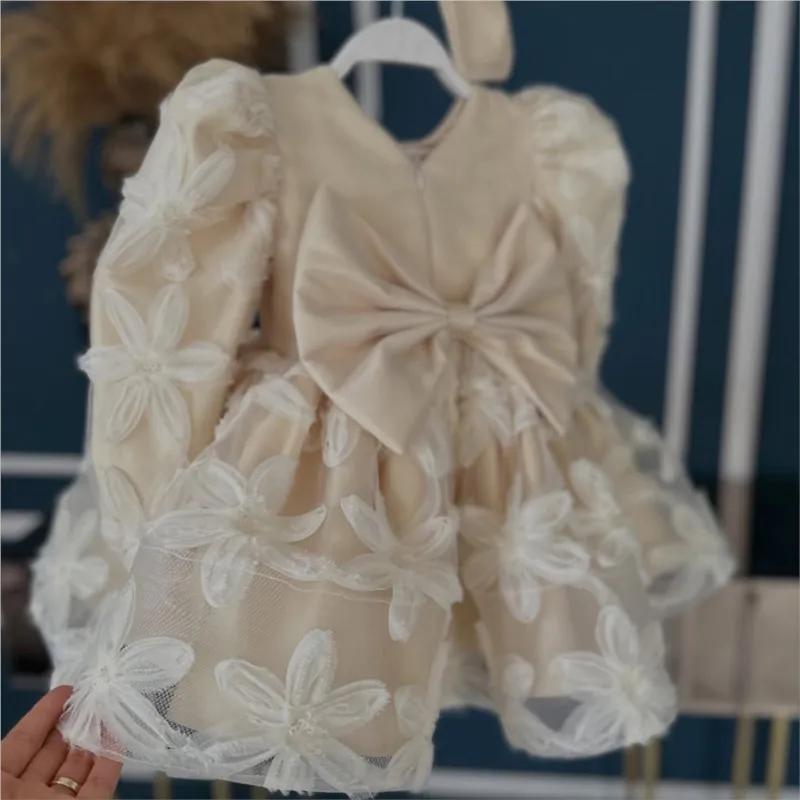 Robe Tutu florale de princesse pour bébé fille, manches longues, style vintage, avec nœud, pour mari