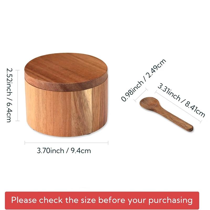 Bol à sel et à poivre en bois d'acacia avec couvercle et cuillère Adave à sel d'acacia avec 360 °   