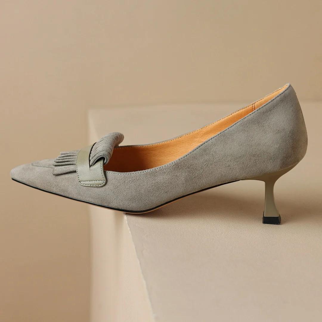 Escarpins en cuir suédé naturel pour femmes, talons hauts fins, bout pointu, franges élégantes, chau