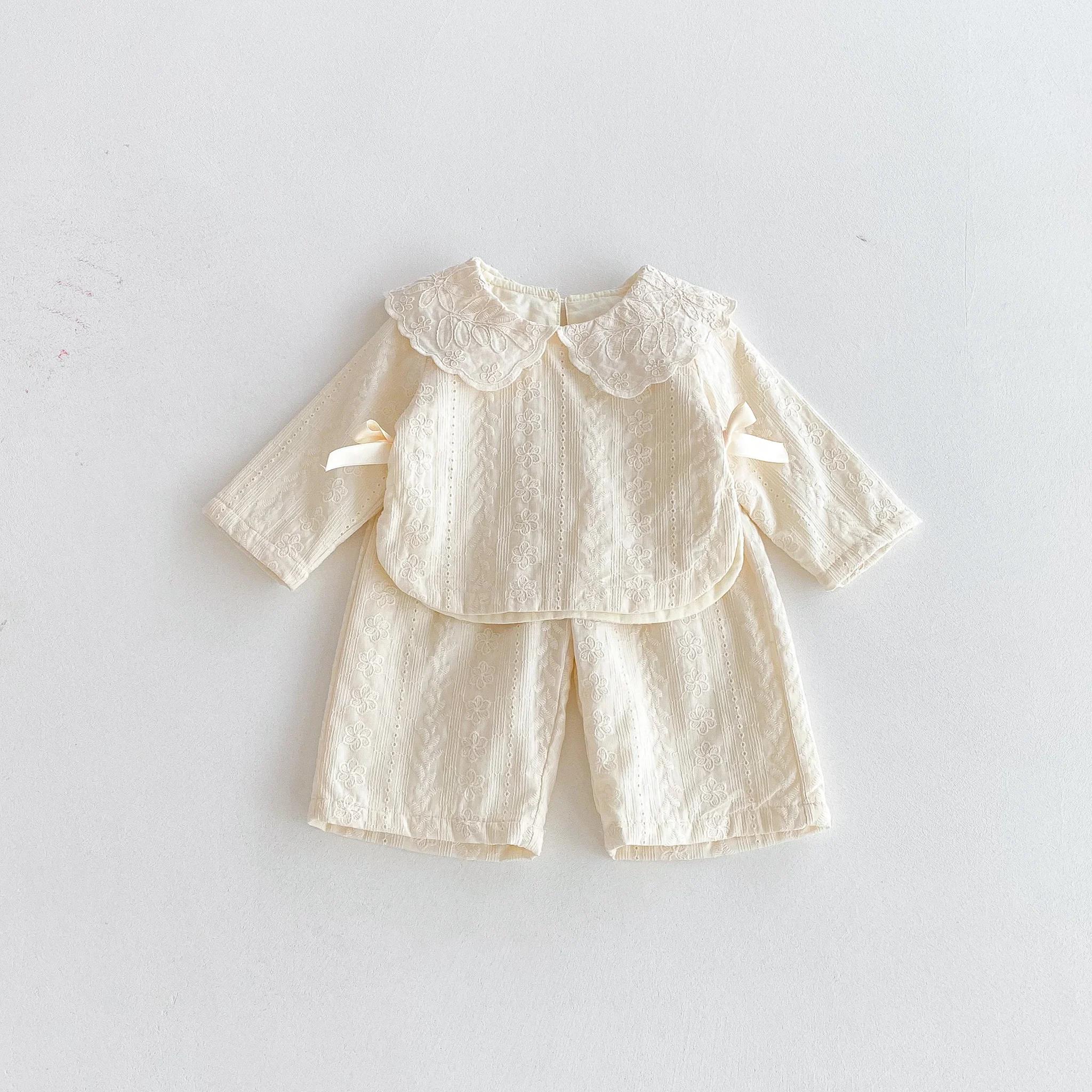 Haut à col en dentelle pour bébé fille, ensemble pantalon à jambes larges, haut à nœud pour fille d'