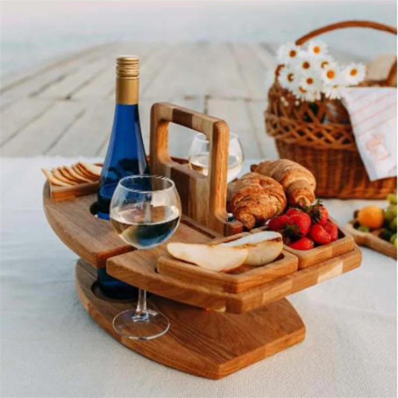 Table de pique-nique pliante en bois avec porte-verre, bureau rond pliable, porte-verre à vin, table