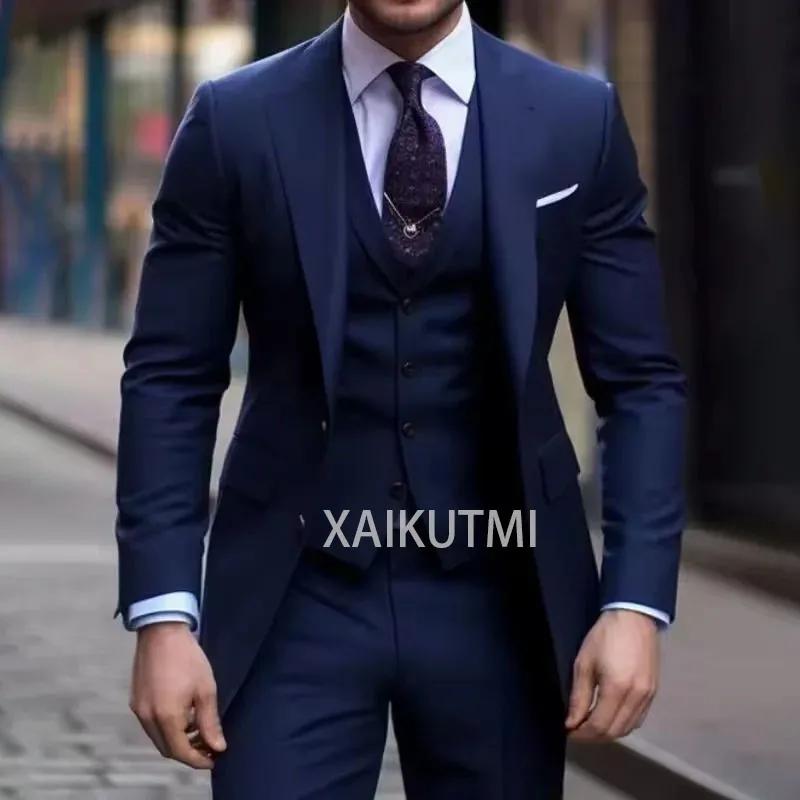Costume 3 Pièces Bleu Marine pour Homme, Décontracté, Coupe Cintrée, Revers Cranté, Formel, Meilleur