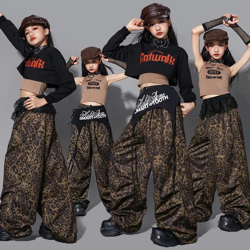 Vêtements de danse jazz pour enfants, tenue de scène Kpop pour filles, pantalon léopard, haut court 