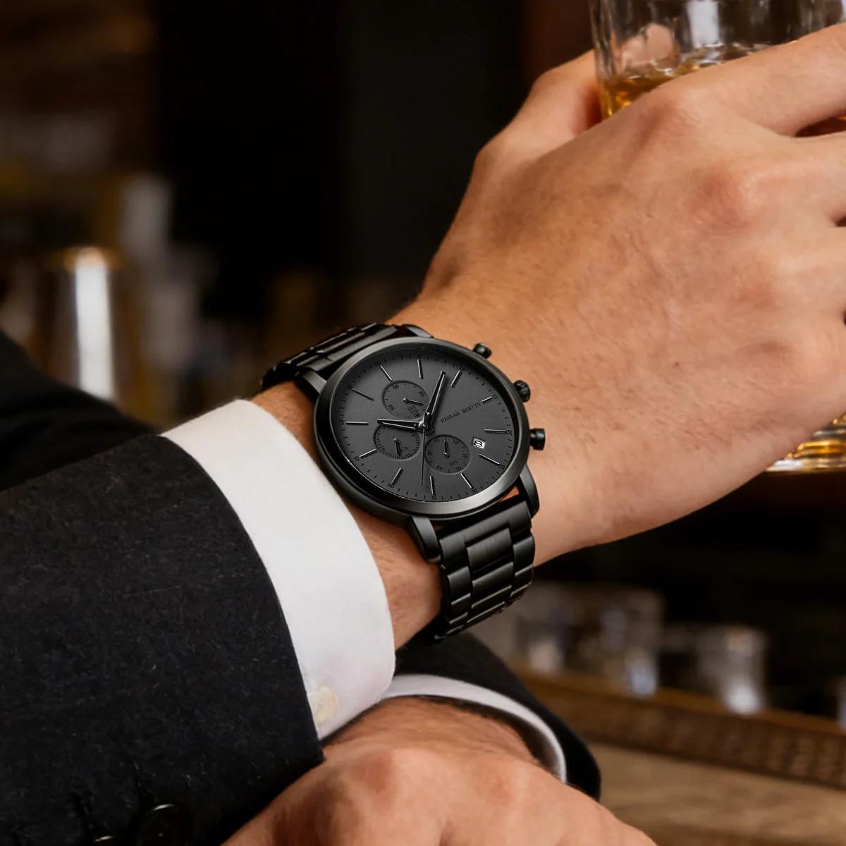 HANNAH MARTIN marque haut hommes montre noir en acier inoxydable mode étanche sport multifonctionnel