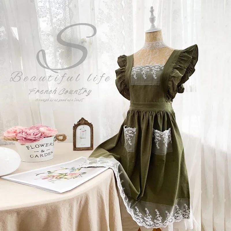 Femmes femmes tablier coton lin tabliers robe jardin café cuisine fleuriste palais Style Vintage mod