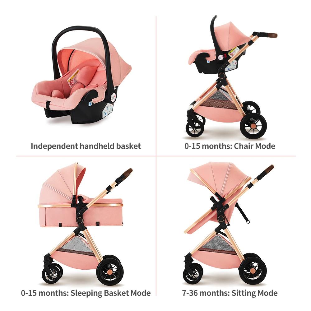 Poussette 3 en 1 pour bébé, avec poignée réglable, landau de voyage avec sacs pour maman, filet pour