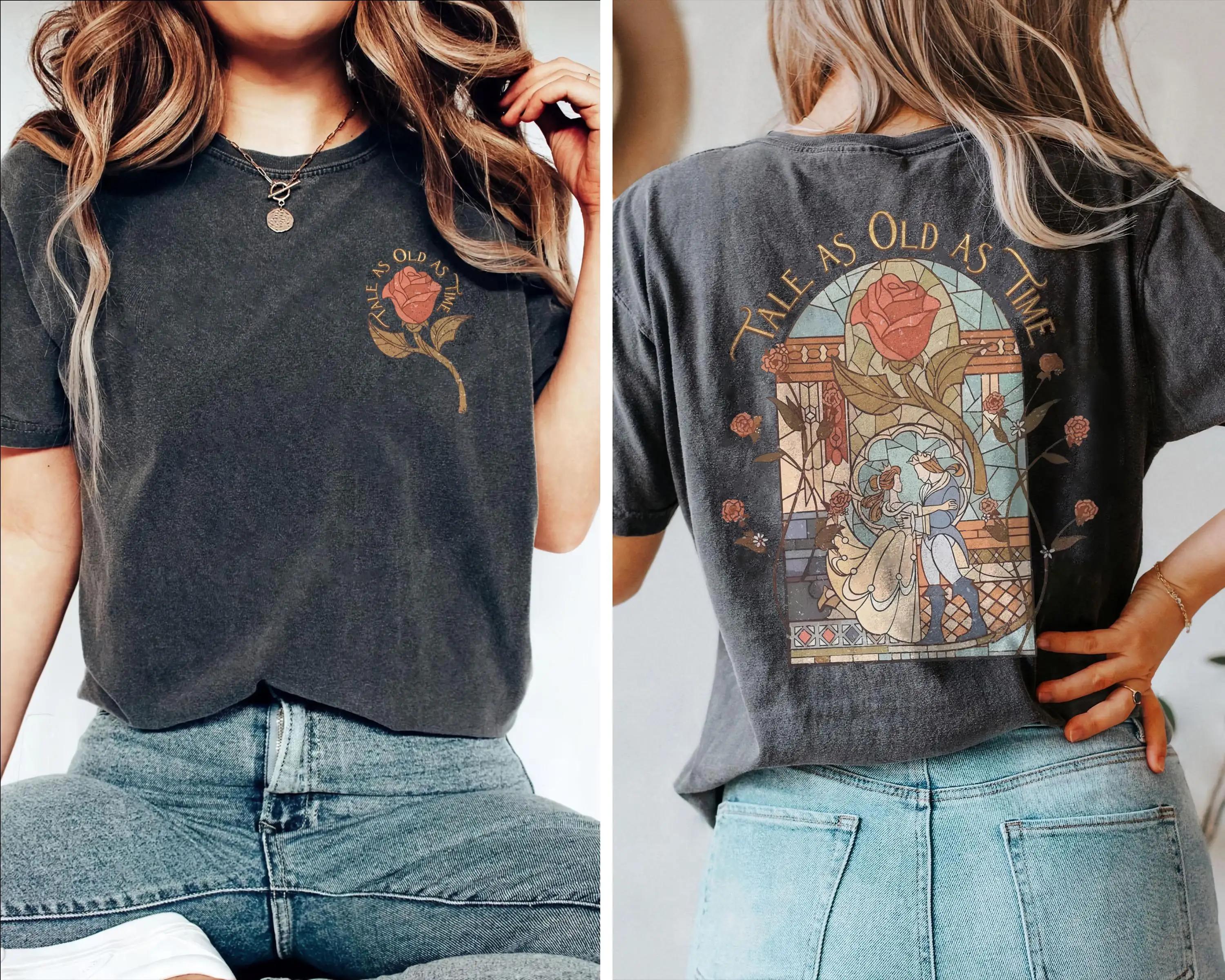 T-Shirt rétro Disney la Belle et la Bête pour femmes, Vintage, en coton, manches courtes, unisexe, S