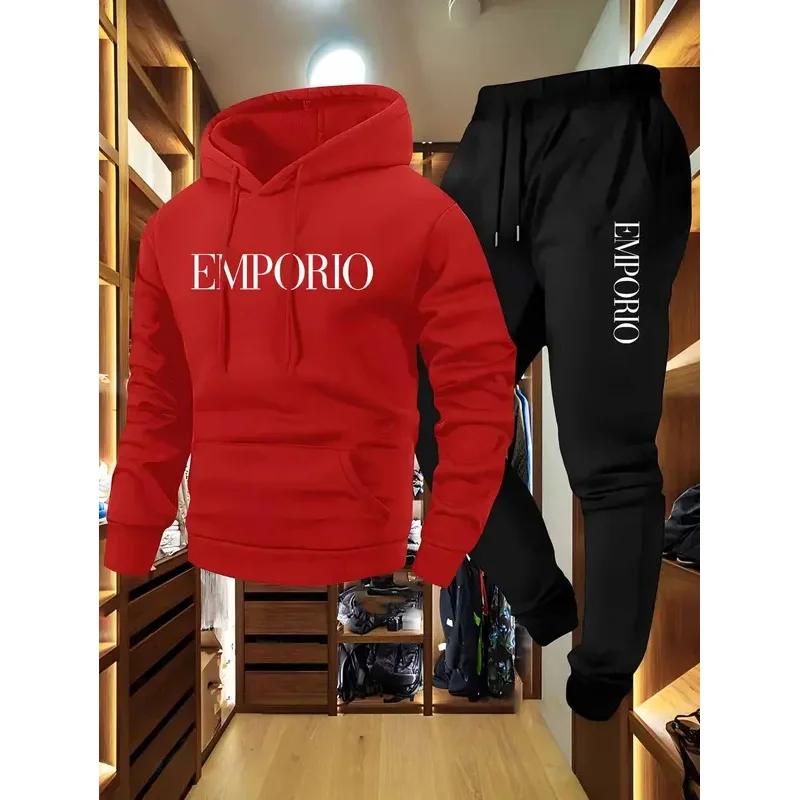 Ensemble jogging décontracté vert olive pour homme 2025 avec sweat à capuche EMPORIO imprimé et cord