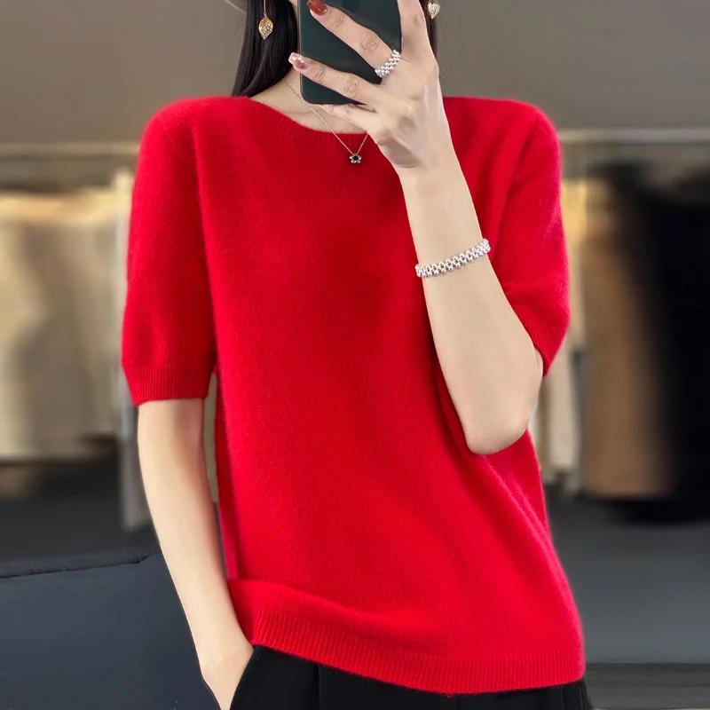 T-shirt tricoté à col rond pour femme, 100% laine mérinos, pull coréen à manches courtes, basique, c