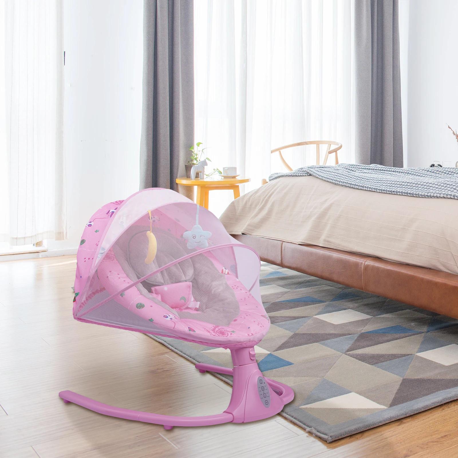 Transat bébé rose, réglable sur 3 positions et 4 vitesses de balancement, 12 berceuses Bluetooth, ca