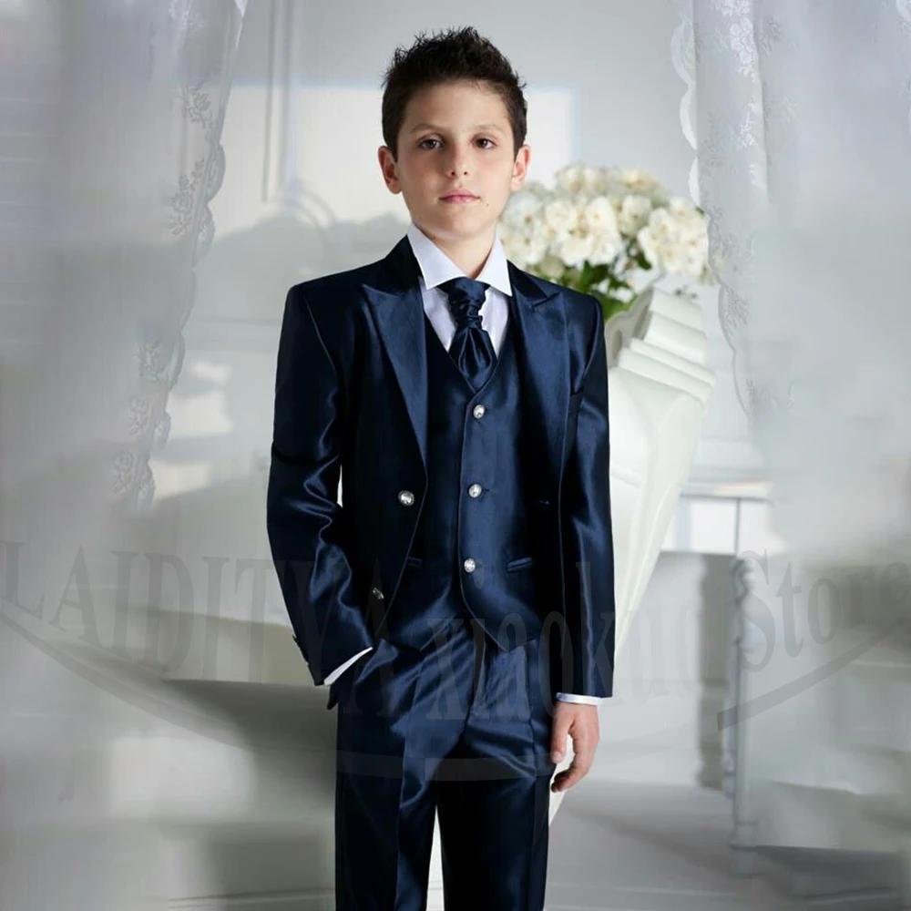 Costume 3 pièces en satin bleu marine pour garçons – Tenue de cérémonie, mariage, bal de promo, soir