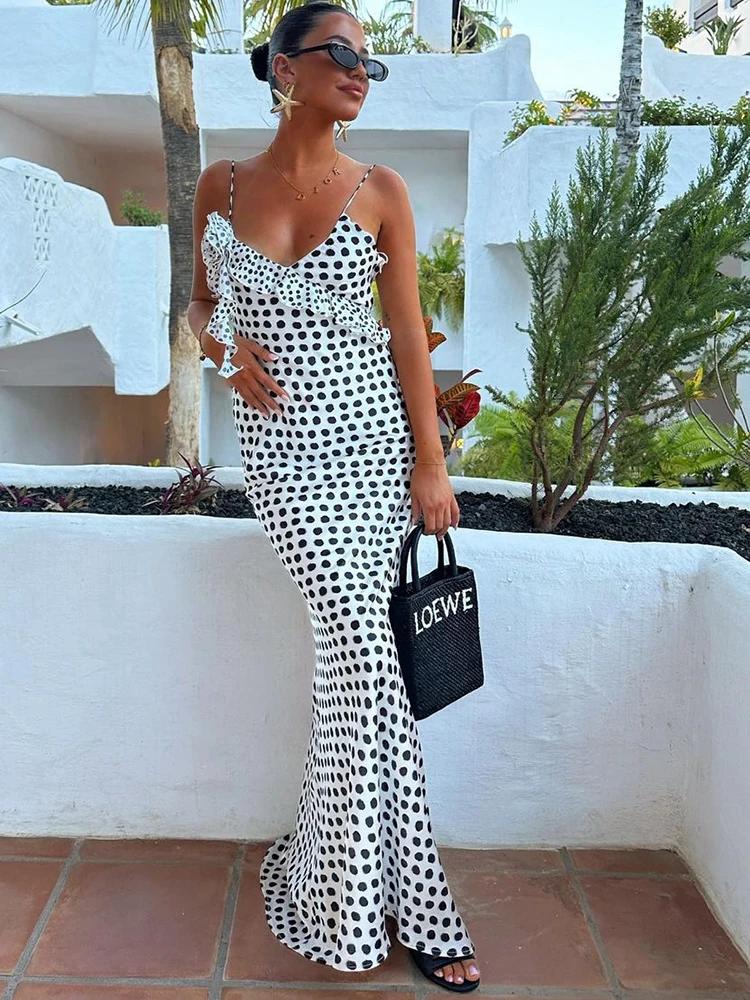 JULISSA MO Sexy dos nu imprimé points fleur femmes robe Maxi Spaghetti sangle robe de soirée automne