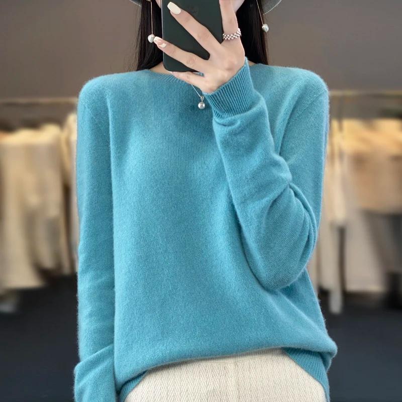 Pull tricoté en laine mérinos Pure pour femme, pull à col rond, sans couture, en cachemire, vêtement