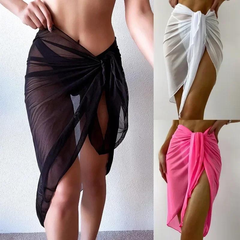 Robe de plage d'été enveloppante pure enveloppement noeud taille maillot de bain couvrir jupe Bikini