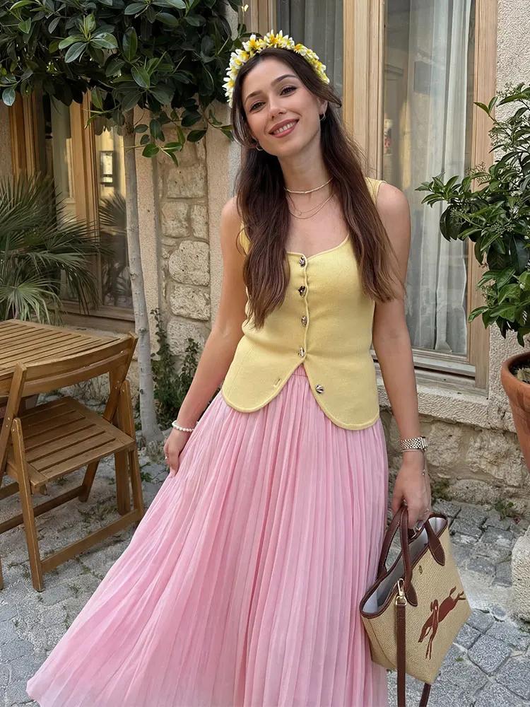 Jupe longue plissée élastique pour femme HH, jupe longue plissée fluide en A, jaune, blanc, rose, po