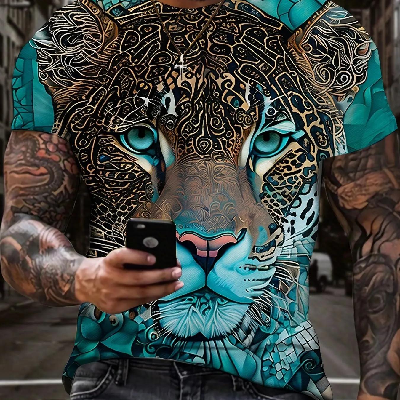 T-shirt d'été à motif lion et tigre 3D pour hommes, T-shirt respirant micro élastique décontracté, a