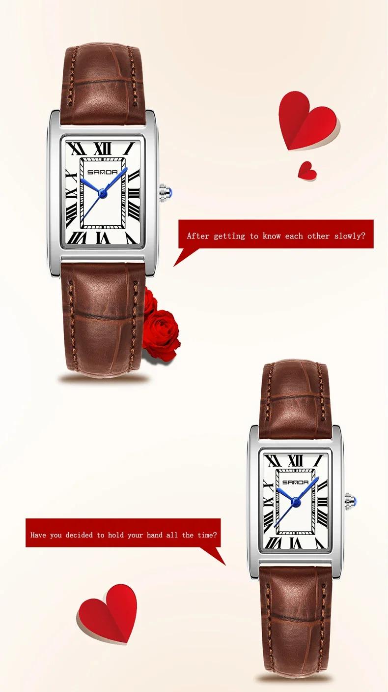 SANDA luxe réservoir Couple montre résistant à l'usure bracelet en cuir cadran carré étanche Sport d