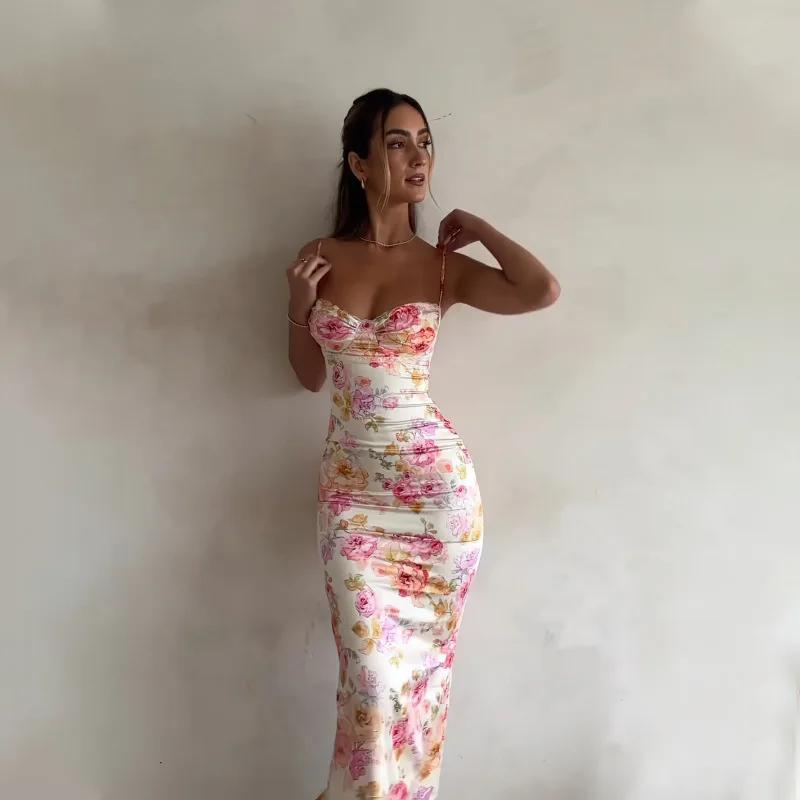 Robe à bretelles florales fendue, Slim, sans manches, Style plage, bretelles Spaghetti, vêtements po