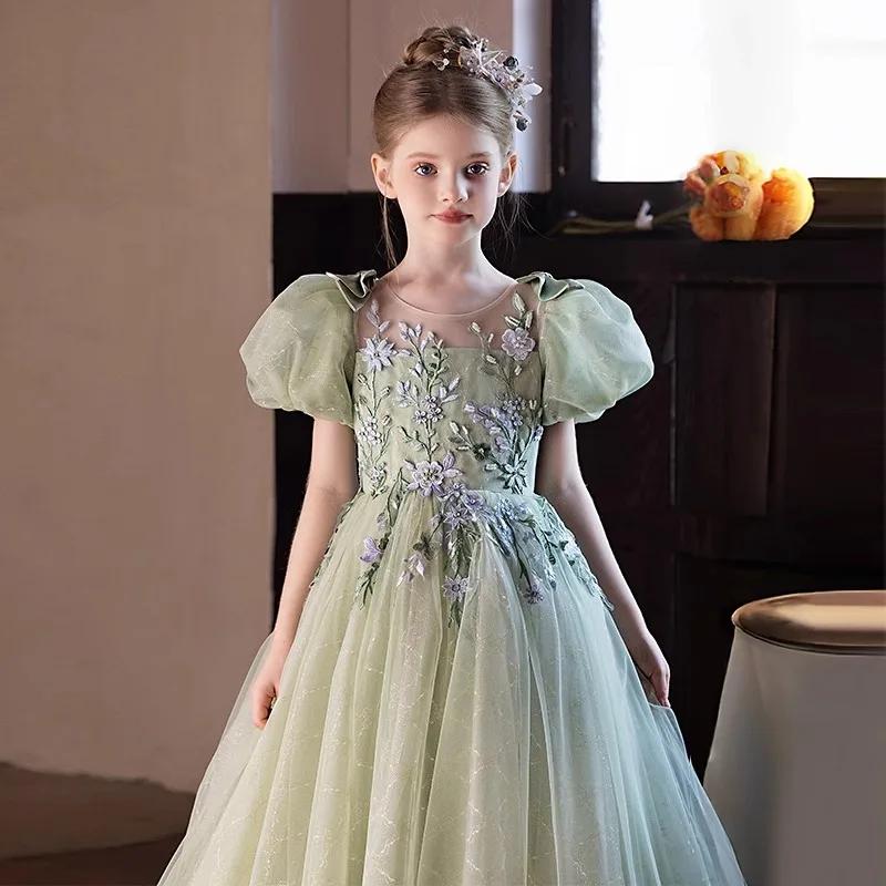 Robe formelle pour enfants2025Spring nouvelle robe pour filles Performance de piano vert forêt Style