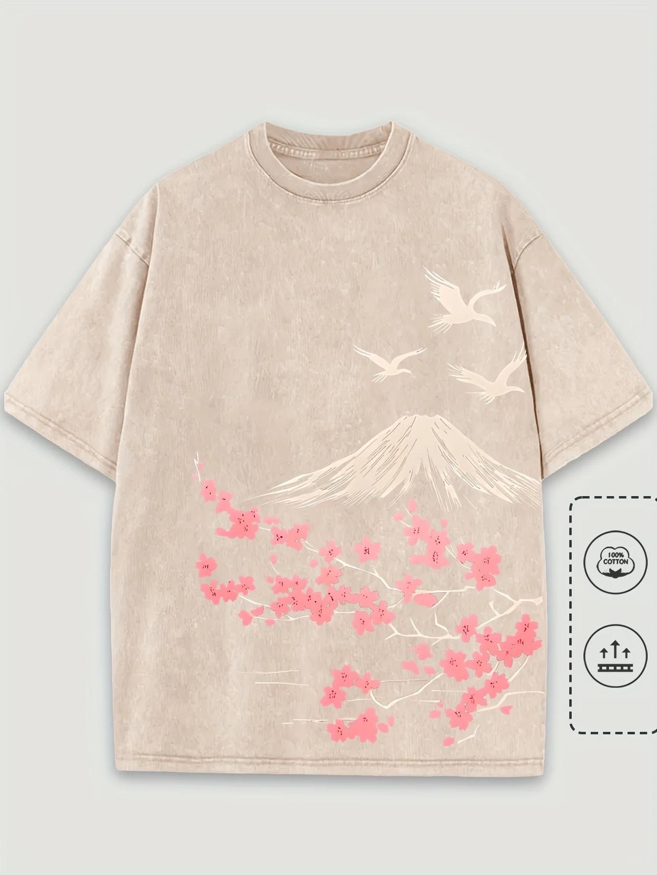 T-Shirt col rond unisexe, Vintage, Hip Hop, décontracté, 100% coton, lavé, Floral, montagne, imprimé