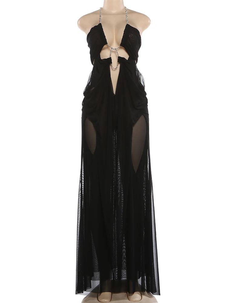 Sisterlindat Voir À Travers Robe Femmes Sexy Halter Chaîne Dos Nu Irrégulier Froncé Patchwork Chic V