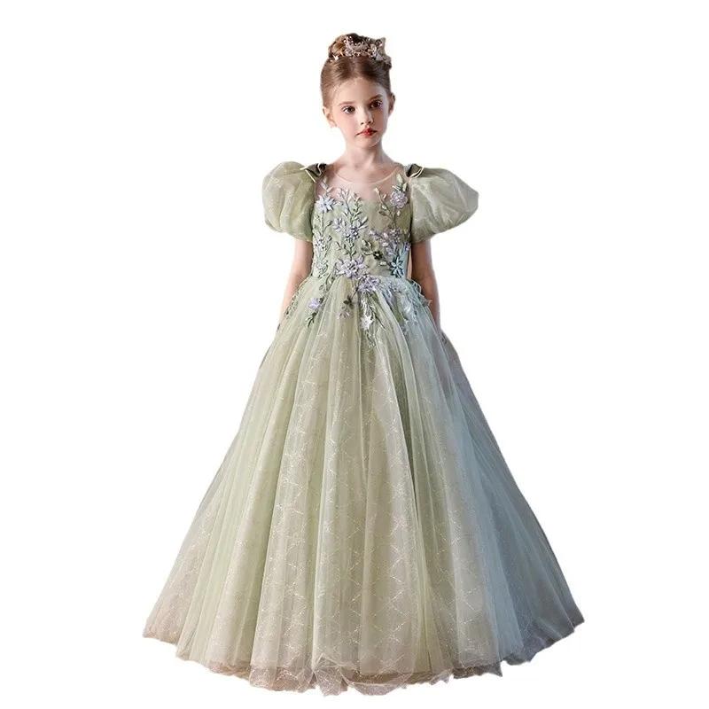Robe formelle pour enfants2025Spring nouvelle robe pour filles Performance de piano vert forêt Style