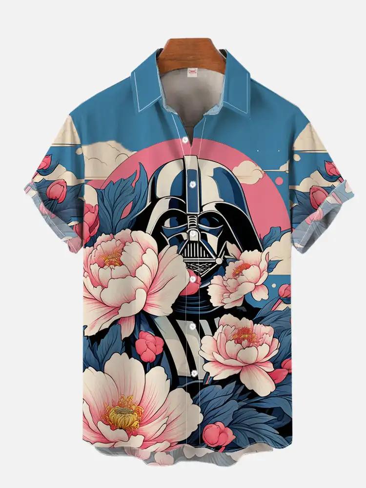 Chemise hawaïenne à manches courtes et col rabattu, imprimé floral tropical et espace de science-fic