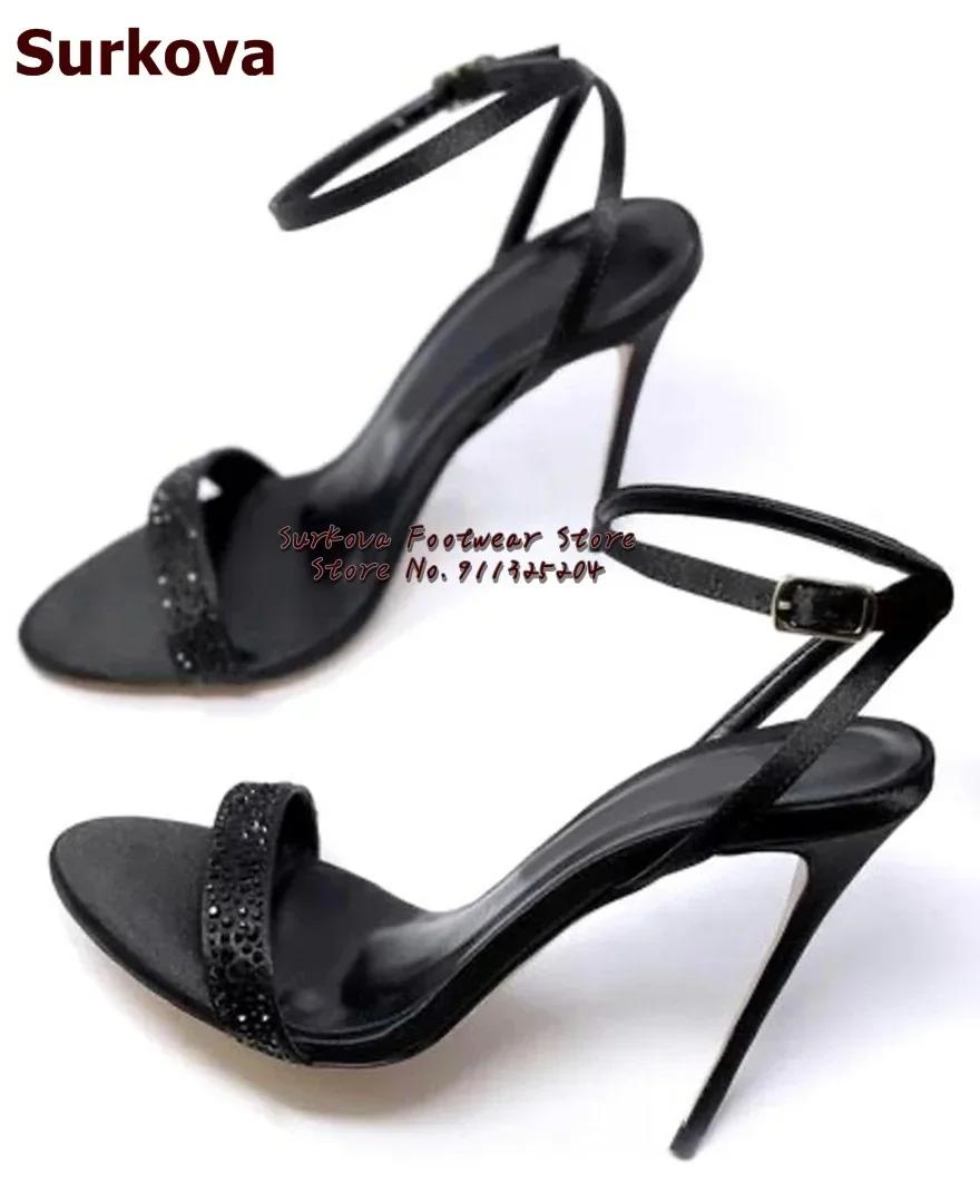 Surkova-Sandales scintillantes en cristal de satin noir, talons hauts fins, lanière en biscuits, cha