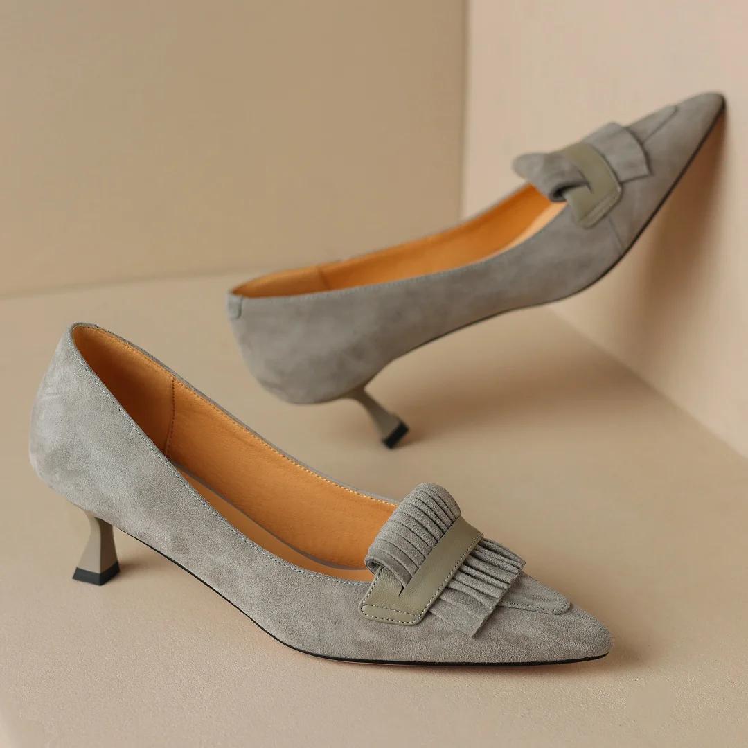 Escarpins en cuir suédé naturel pour femmes, talons hauts fins, bout pointu, franges élégantes, chau