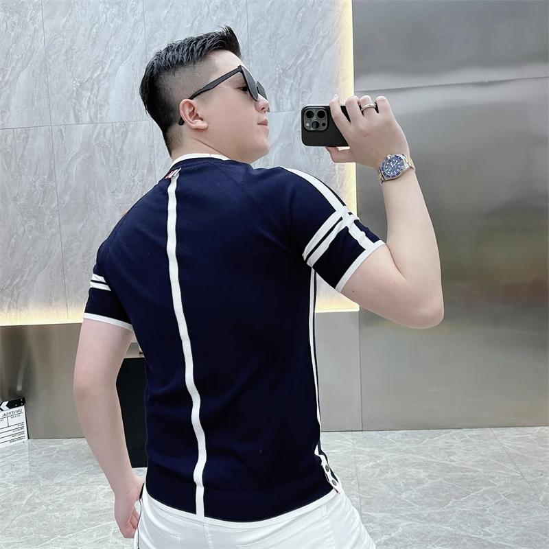 T-shirt d'été à rayures pour hommes T-shirt à col rond à manches courtes Ice InjShort T-shirt Slim F