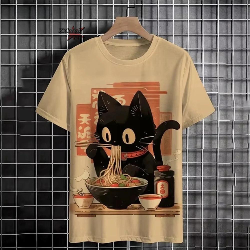 Japonais Ukiyo-E motif de chat mignon col rond hommes à manches courtes quotidien surdimensionné T-S