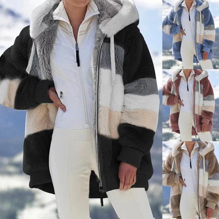 Manteau en peluche pour femme, veste à capuche avec fermeture éclair, décontractée, surdimensionnée,