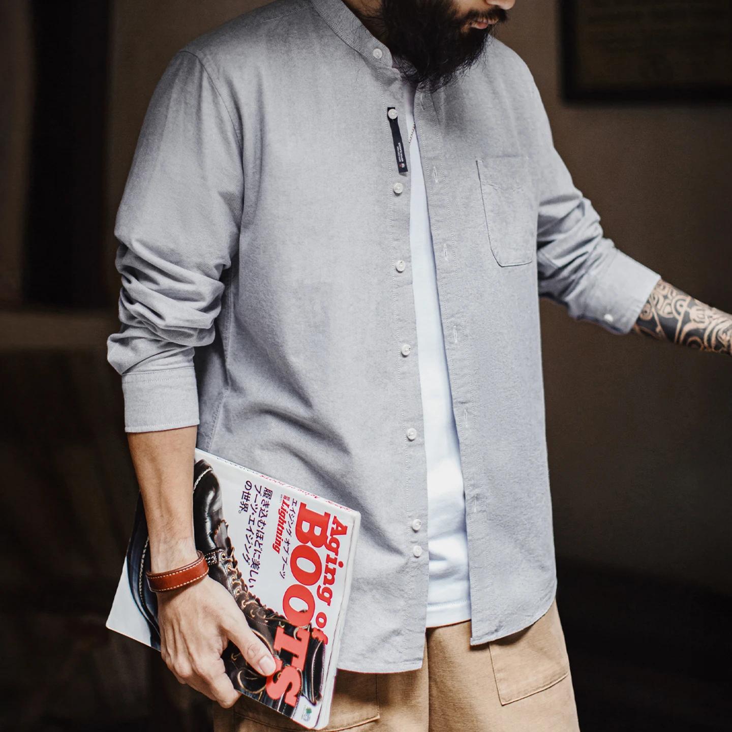 Chemise en coton Oxford à col rond pour homme Maden, manches longues, décontractée, unie, à simple b