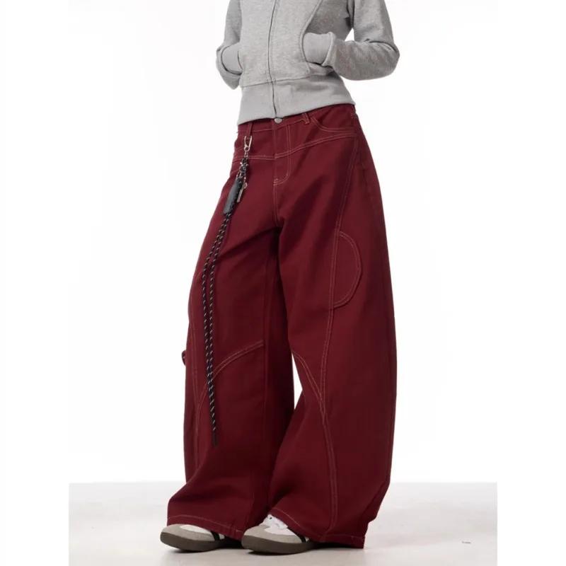 Cargo rouge jean décontracté femmes vêtements de travail pantalon ample droit jambe large pantalon p